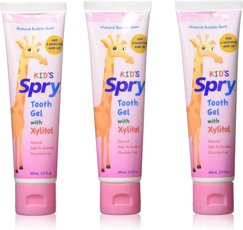 Spry Natural Xylitol Toothpaste for Kids, Fluoride Free, Bubble Gum, 2 Fl Oz (Pack of 3)