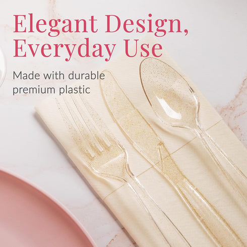 Prestee 180 Gold Plastic Silverware Cutlery Set, Disposable Glitter Gold Utensils, 60 Forks, 60 Spoons, 60 Knives