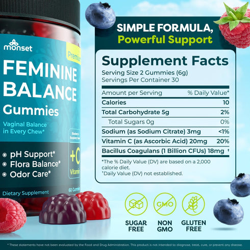 MONSET Gummies 60ct Feminine Balance for Women Vaginal Probiotics for Women pH Balance & Odor Control Prebiotics