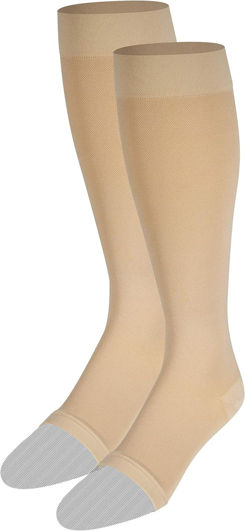 NuVein Medical Compression Stockings, 20-30 mmHg Support for Women & Men, Knee Length, Open Toe, Large, Beige