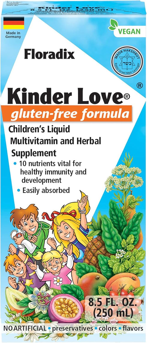 Floradix Kinder Love Vegan Gluten-Free Liquid Multivitamin for Healthy Development, 8.5 Fl Oz