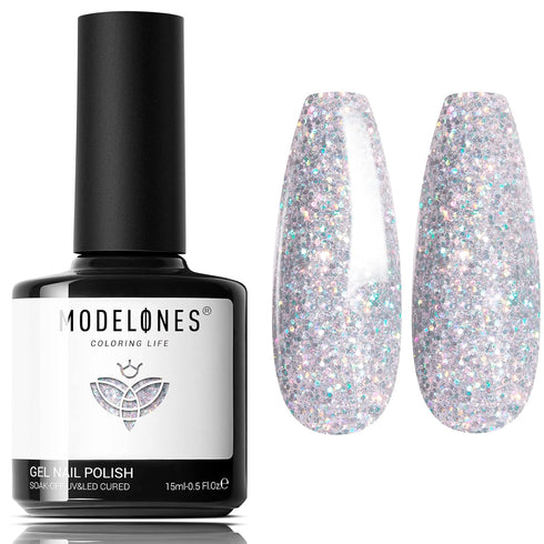 modelones Sparkle Silver Glitter Gel Nail Polish Set, 15 ML Soak Off Chrome Platinum for DIY Manicure Nail Art Gift