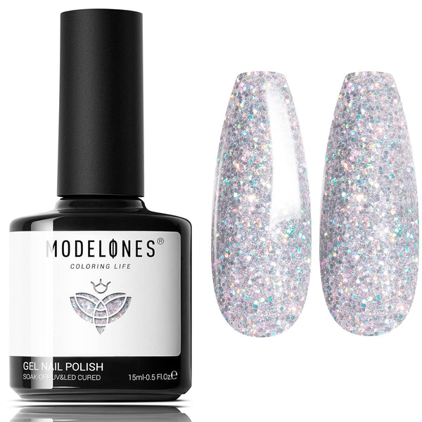 modelones Sparkle Silver Glitter Gel Nail Polish Set, 15 ML Soak Off Chrome Platinum for DIY Manicure Nail Art Gift
