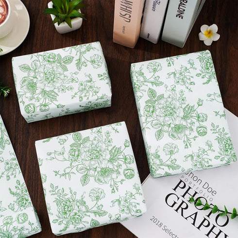 JarThenaAMCS Floral Wrapping Paper Mini Roll, 17 x 32.8 Ft Green White Flowers Gift Wrap Paper for Birthday Wedding