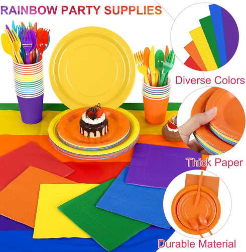 169 Pieces Rainbow Party Supplies Disposable Dinnerware Set for 24 Guests, Plates, Cups, Napkins, Cutlery