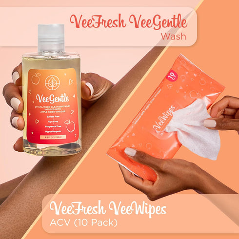 VeeFresh VeeDaily - VeeGentle Intimate Wash & VeeWipes ACV Sensitive Vee Bundle - Apple Cider Vinegar Infused Female