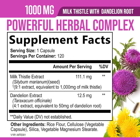 Milk Thistle Supplement 1000mg - Liver Cleanse Detox & Repair Formula - Potent 9:1 Extract Herbal Liver Supplement, Nature's Milk Thistle, Dandelion Root Extract & Silymarin Marianum - 120 Capsules