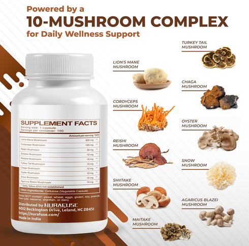 NURAFUSE 10-in-1 (150 Count (Pack 1)) Organic Mushroom Formula - with Lion's Mane, Cordyceps Reishi, Shiitake, Maitake