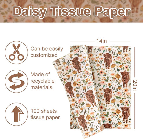 AnyDesign Boho Floral Highland Cow Tissue Paper 100 Sheet Watercolor Flower Art Tissue Farmhouse Cute Cow Wrapping Paper for DIY Crafts Gift Packing, 19.7 x 13.8 Inch