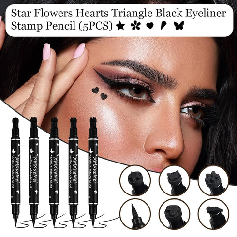 Double Side Liquid Winged Eyeliner Stamp,Smudge Proof Waterproof Eyeliner Pen Set,Long-Lasting Eye Liner Face Makeup,Star Flowers Hearts Triangle Black Eyeliner Stamp Pencil 5PCS