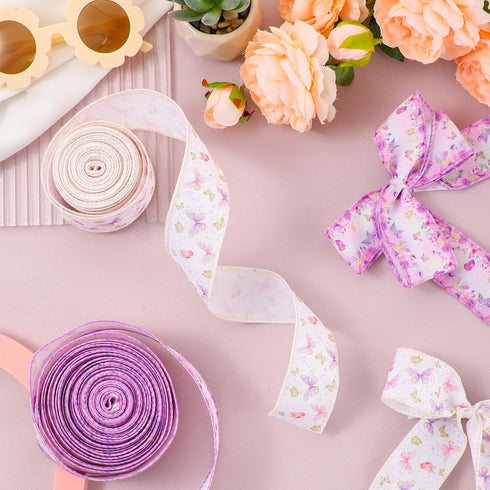 2 Rolls 20 Yards Butterfly Baby Shower Ribbon, 1.5 Inch Wired Edge Watercolor Purple Floral for Gift Wrapping