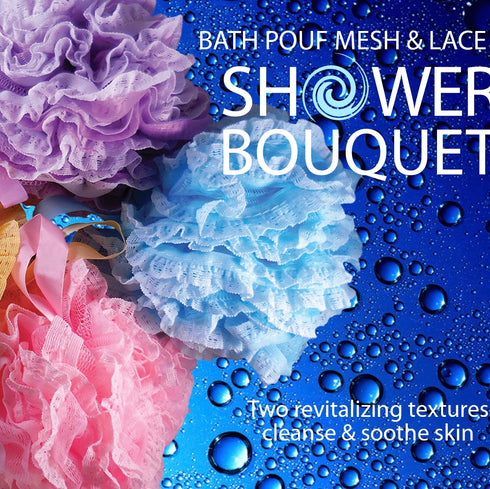 Loofah-Bath-Sponge Lace-Mesh-Set - 4 Pack Spa Colors, 2-Scrubs-in-1 by Shower Bouquet, 60g Pouf for Exfoliating Skin