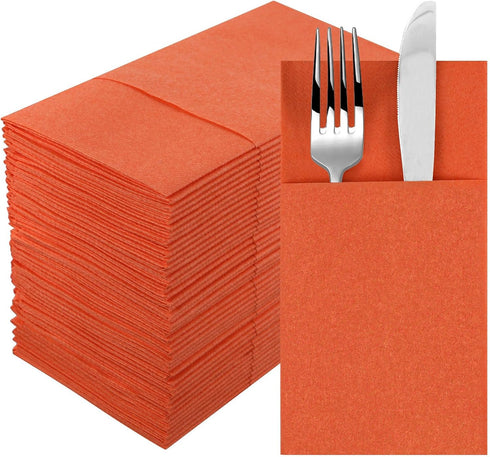 Dark Orange Napkins (50 Pack) - Disposable Linen-Feel Dinner Napkins with Built-in Flatware Pocket for Parties