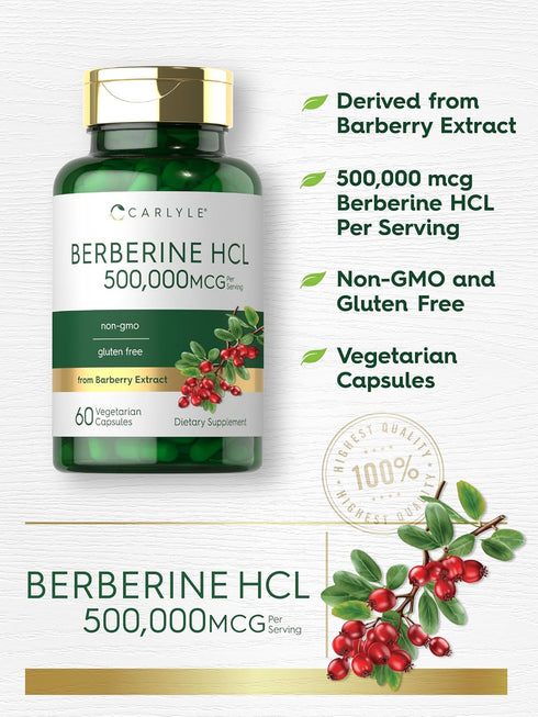 Carlyle Berberine Supplement 500,000mcg | 60 Capsules | Vegetarian, Non-GMO, Gluten Free Berberine HCL