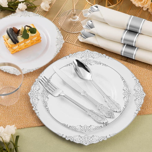150PCS Silver Plastic Silverware Set for 50 Guests, Heavy Duty Disposable Utensils, Perfect for Wedding or Party