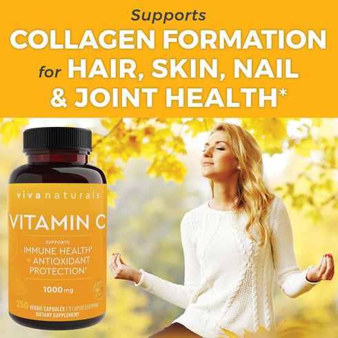 Viva Naturals Vitamin C 1000mg, Non-GMO Supplements with Citrus Bioflavonoids & Rose HIPS for Immune Support