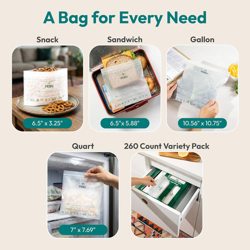 Pack, 260 Count 90 90 50 30 FEBU Compostable Food Storage Bags Variety | Compostable & Biodegradable | PFAS & BPA Free