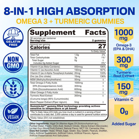 Omega-3 Gummies 1000mg 3 600mg 300mg, 60 Vegan + Turmeric - Omega Fish Oil Alternative for Adults - Algae DHA & EPA