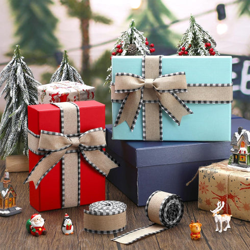 2 Rolls Christmas Buffalo Plaid Wired Edge Ribbons, 216 Inch Craft Wrapping Ribbon, Black and White