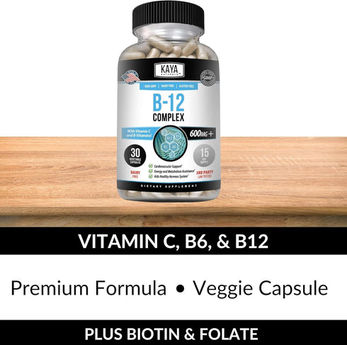 Kaya Naturals B-12 Complex, Multivitamin Supplement for Energy & Metabolism, 30 Capsules