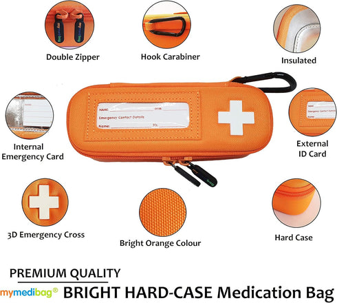 Single Epipen Carry Case - Hardcase Insulated Medication Bag - Bright Orange Holder for Emergencies
