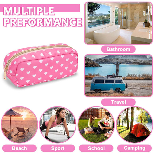 Cute Waterproof Small Pencil Case Makeup Bag for Purse, Preppy Nylon Makeup Brush Holder with Zipper (Slim-Pink Heart)