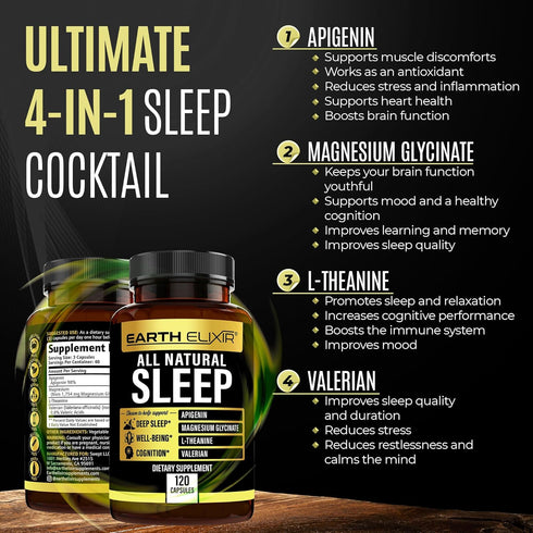 4-in-1 Sleep Aid (120 Caps) with Apigenin 50mg, Magnesium Glycinate 200mg, L Theanine 250mg & Valerian Root