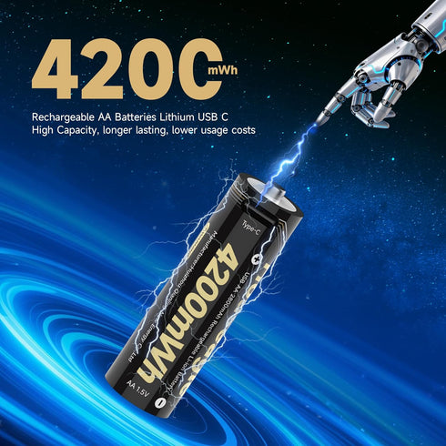 Houseagle 4 Pack,1.5V 4 1 Cable,4200mWh 2000+ AA Batteries Rechargeable Rechargeable AA Batteries with in USB-C Charge