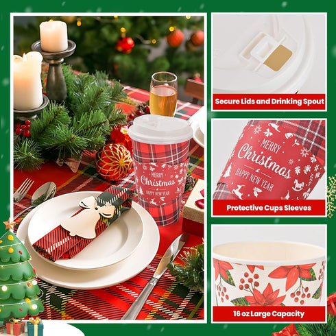 Lingringdcy 72 Set Christmas Disposable Coffee Cups with Lids and Sleeves Snowflake Reindeer Paper Drinking To Go Cups