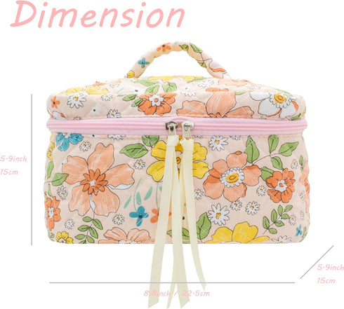 PAZIMIIK Cotton Makeup Bag for Women, Large Quilted Travel Cosmetic Case, Floral Orange