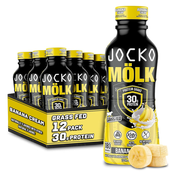 Jocko Moelk Protein Shakes, KETO Friendly, 30g Grass Fed Protein, 12 FL Oz, 12pk (Banana Cream)