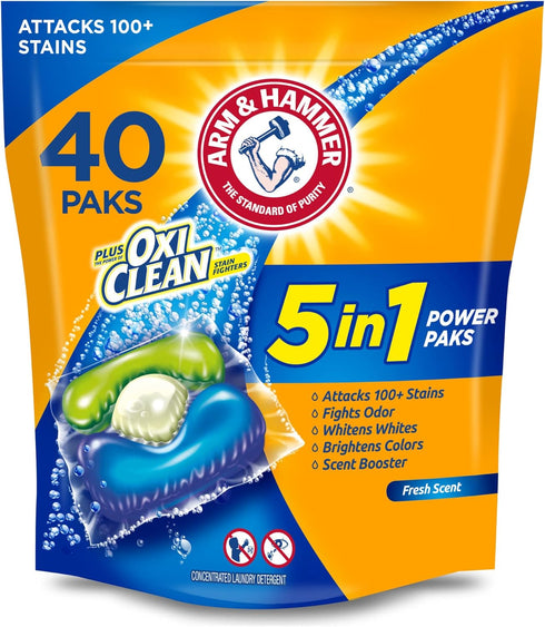 ARM & HAMMER plus OxiClean 5-in-1 Power Paks, 40 Count (Packaging may