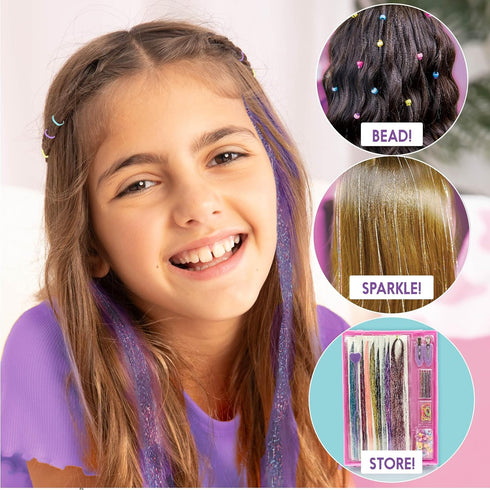 Just My Style Fairy Hair Tinsel Kit, Tinsel Hair Stylist Studio with 9 Colorful Strands & Hair Beading Tool