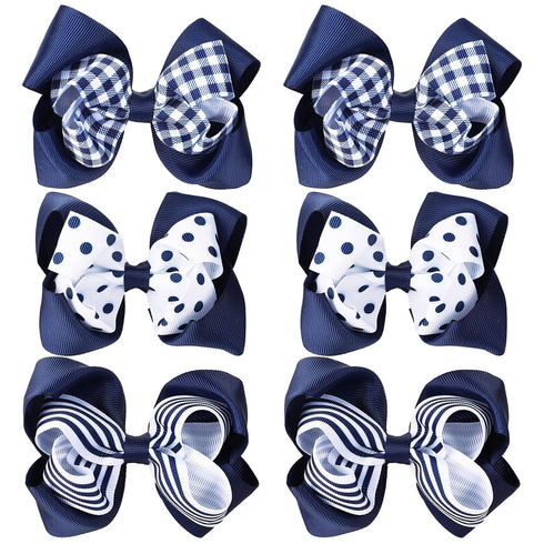 Whaline 6Pcs Back to School Uniform Hair Bow Clips, Navy Blue Plaid Stripe Dot Barrettes for School Hair Accessories