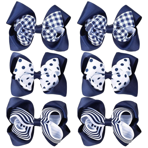 Whaline 6Pcs Back to School Uniform Hair Bow Clips, Navy Blue Plaid Stripe Dot Barrettes for School Hair Accessories