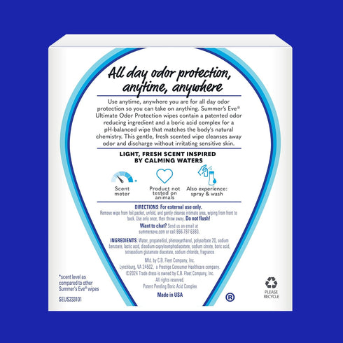 Summer's 12 Count (Pack 2) Eve Ultimate Odor Protection Daily Feminine Wipes, Gentle pH-Balanced Formula with Boric