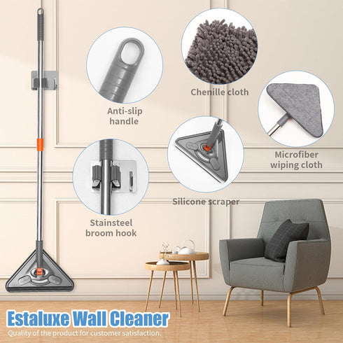 85" Wall Mop Cleaner - Long Handle with Stainless Steel Hook, 180° Rotating Duster Tool for Walls, Ceiling & Floors
