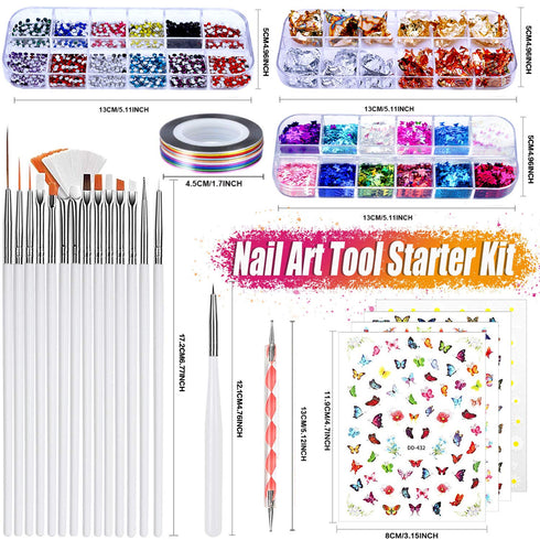 Nail Art Brushes & Decorations Kit, 3D Nail Art Tools, Glitters, Stickers, Rhinestones, Foil, and Striping Tapes