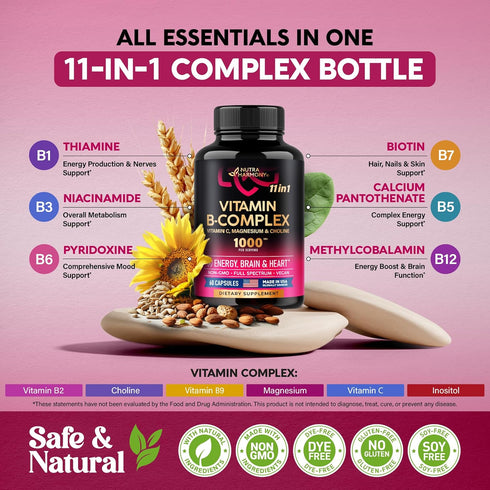 Vitamin B Complex for Men & Women, 60 Vegan Capsules - 11-in-1 B-Complex with Vitamin C, Choline, Inositol for Energy,