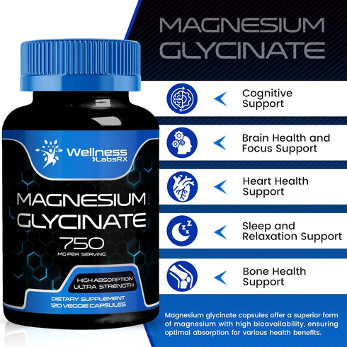 Magnesium Glycinate Capsules - 750mg, 120 Count, High Absorption Supplement for Heart Health, Sleep for Women and Men
