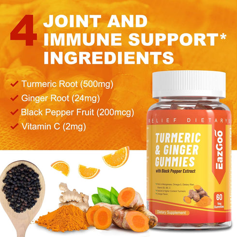 Turmeric Curcumin Gummies 500mg for Adults, with Black Pepper, Ginger Root, Vitamine C, Low Sugar Fruit Gummies, Orange Flavor - 60 Gummies