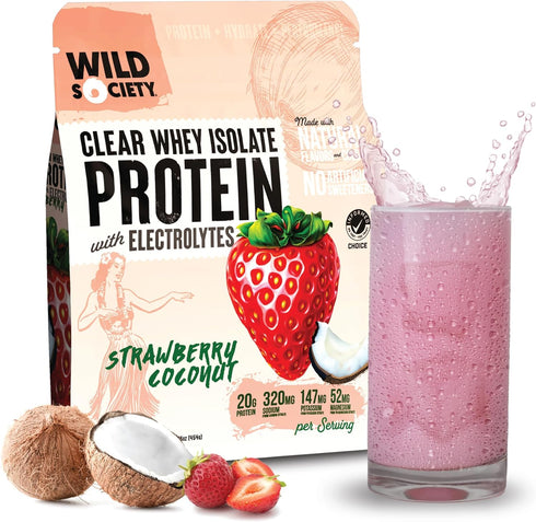 WILD SOCIETY Premium Clear Whey Protein + Electrolytes, Strawberry Coconut, 16 oz