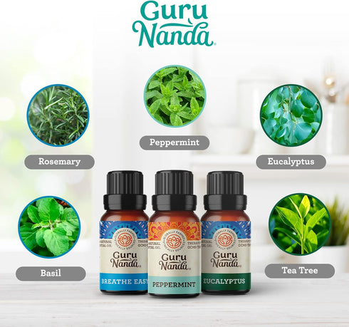 GuruNanda Breathe Essential Oil Set (Pack of 3 x 0.34 Fl Oz) - 100% Pure, Natural & Undiluted Diffuser Oils for Aromatherapy - Helps Support Clear Breathing - Suitable for Massages & DIY Recipes