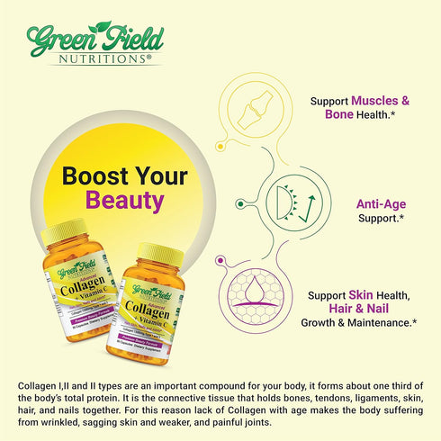 Greenfield Nutritions Halal Collagen Peptides - 1500 mg Type I & III with 300 mg Vitamin C for Hair, Skin, Nails &