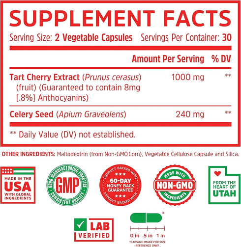 Zhou Tart Cherry Extract + Celery Seed, 1000mg Tart Cherry Capsules for Sleep & Uric Acid Cleanse, 60 Veggie Capsules