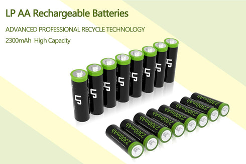 LP Pack, 16 Pack 2300mah 1.2V AA Rechargeable Batteries High Capacity Double A Batteries NIMH for Clocks, Remotes