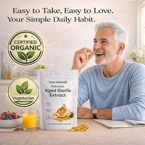TRUE NATURALS 300 2-Year Immune (1) Aged Garlic Extract - Softgels, Odorless, Organic Garlic Supplement, Matured