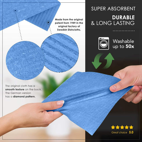 SUPERSCANDI 10 Pack Swedish Dishcloths, 100% Biodegradable & Compostable, Food-Safe, Washable, Blue
