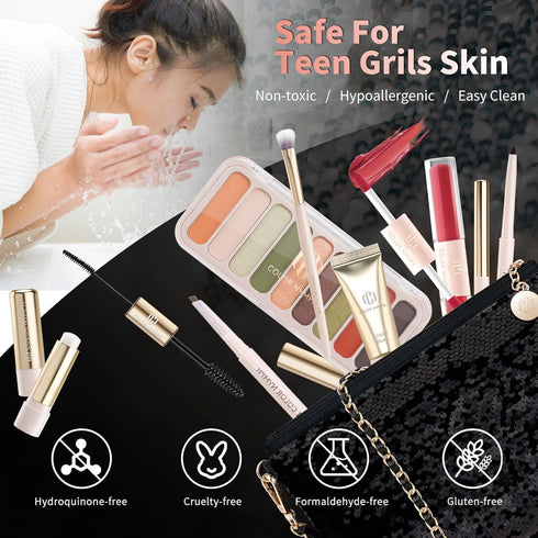 Color Nymph Teen Girls Makeup Kits, All In One Makeup Kit for Ages 5-16, 9 Colors Eyeshadow, Liquid Blush, Lip Gloss,