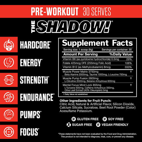 JNX SPORTS The Shadow! 350mg Caffeine Hard Core Preworkout, Electric Energy, Mental Focus, Fruit Punch, 30 Servings